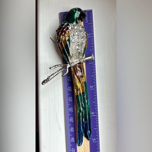 Large Tropical Parrot Bird Blue Green Guilloche Enamel Rhinestones Brooch - Picture 7 of 10